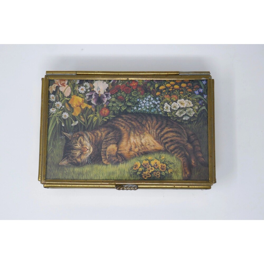 Via Vermont Vintage Cat Sleeping In Garden Mirrored Brass Jewelry Trinket Box